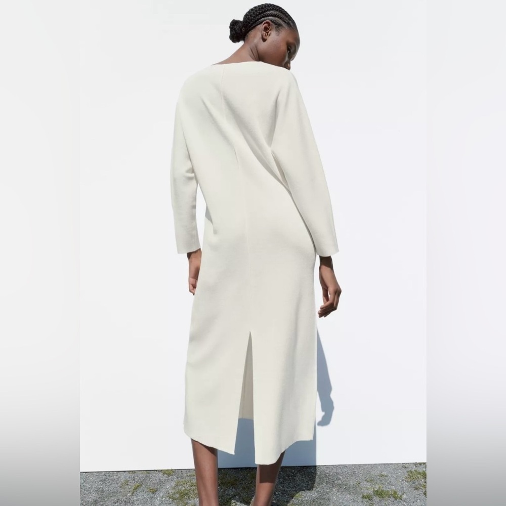 Zara Front Rolled Seam Knit Dress Midi Ecru Long Sleeve V neck Womens S